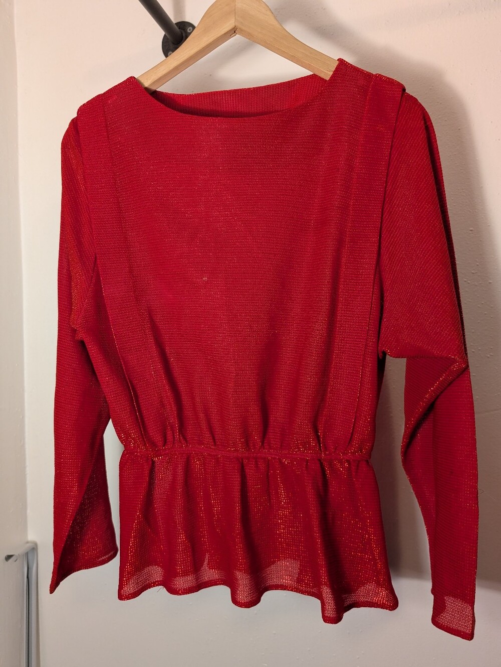 Teddi Shimmery Red Long-Sleeve Peplum Top